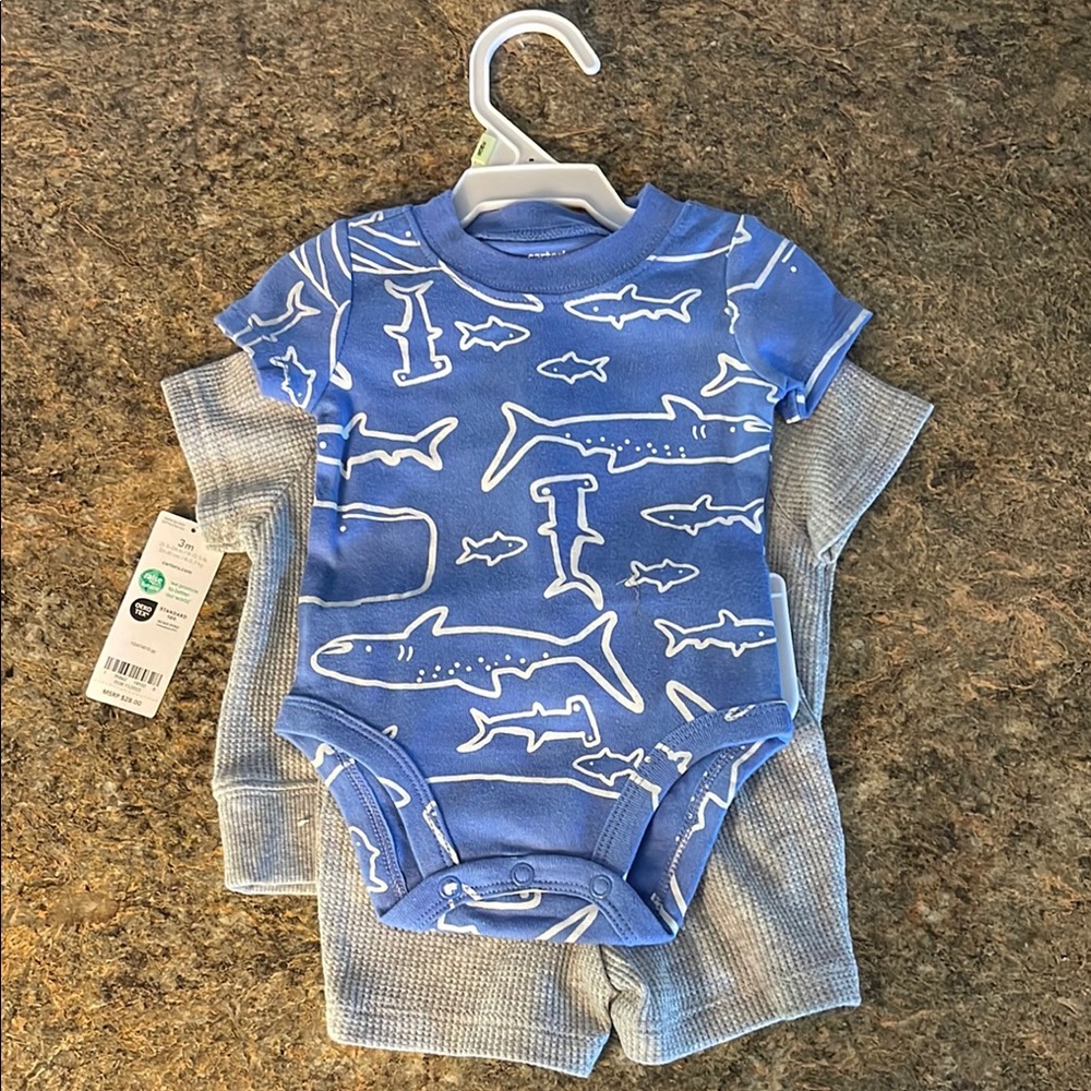 Blue Shark Print Baby Onesie and Shorts Set